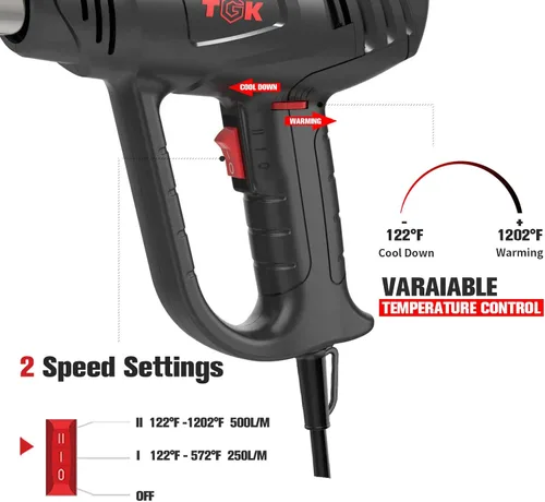 Vista 2 de Pistola de calor, TGK® Kit de pistola de aire caliente resistente de 1800 W, 122 ℉ ~ 1202 ℉ con ajustes de temperatura dual con 3 accesorios