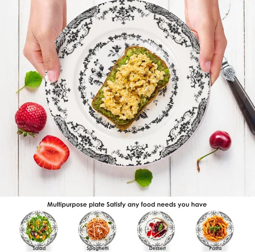 Vista 5 de Platos de ensalada, juego de 6 platos de cerámica de 8.5 pulgadas, plato de cocina apto para microondas, plato de porcelana blanca para postre, Negro