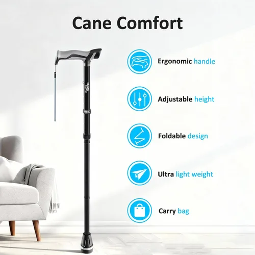 Vista 2 de HEALTHBAZAAR Walking Cane with LED Light, Folding Canes for Men & Women with Shock Absorption - Adjustable, Lightweight Collapsible Walking Sticks