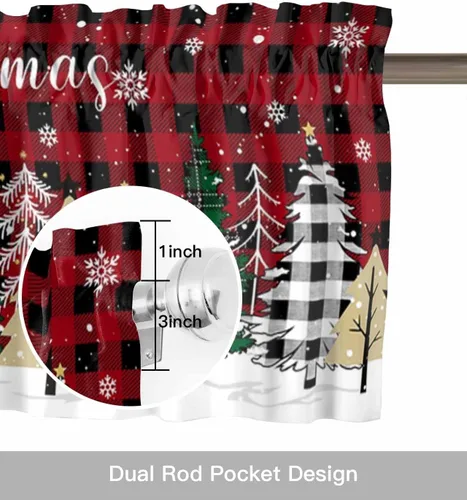 Vista 6 de Cenefa de Navidad para ventanas, cortinas de árbol de Navidad, cenefas con bolsillo para barra, cortinas cortas a cuadros para cocina, sala
