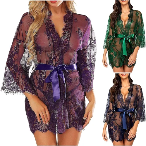 Vista 5 de Qopobobo Babydoll Lencería para mujer 2023 Kimono de encaje bata de manga larga lencería de malla vestido con cinturón