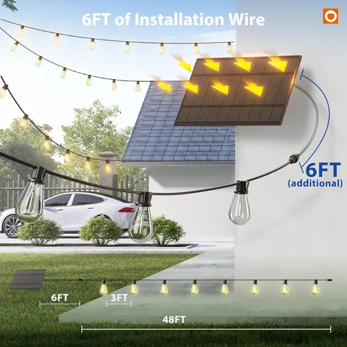 Vista 6 de addlon Tira de luces solares de 54 pies (48 pies + 6) para exteriores, impermeable, con puerto USB y control remoto, luces solares para patio