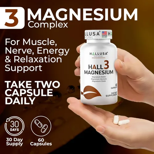 Vista 3 de HALL3 Magnesio x 60 Cápsulas – Complejo Triple Magnesio: Citrato, Glicinato y Malato – Suplemento dietético para el músculo – Función nerviosa