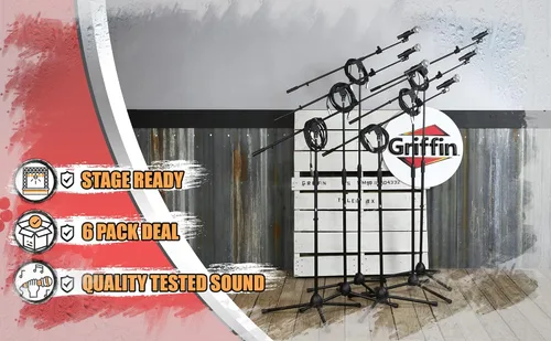 Vista 9 de GRIFFIN Paquete de 6 soportes de micrófono Boom (serie StageLOCK) con micrófonos vocales cardioides y cables XLR de 20 pies - Base de trípode