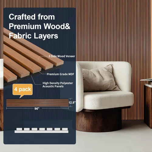Vista 2 de NeatiEase Paneles de madera para pared, 4 piezas de 96 x 12.6 pulgadas, paneles de pared de listones de madera insonorizados para decoración