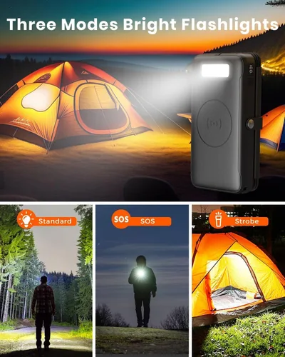 Vista 5 de FEELLE Cargador solar, cargador portátil inalámbrico de 27000 mAh con 4 paneles solares, batería externa de carga rápida de 22.5 W, cargador externo