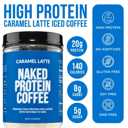 Vista 5 de NAKED Caramelo Latte Protein Coffee - Bebida de proteína de café helado colombiano de primera calidad, deliciosa apta para dieta cetogénica y sin