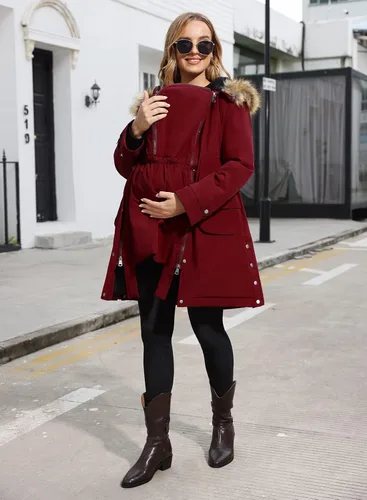 Vista 3 de Maacie Chaqueta de maternidad con forro polar grueso 2 en 1 con cinturón y capucha cálida para invierno