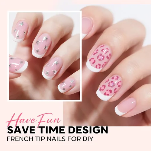 Vista 5 de modelones Uñas postizas a presión con punta francesa, 150 uñas postizas cuadradas extra cortas con caja de uñas, puntas de uñas de gel rosa
