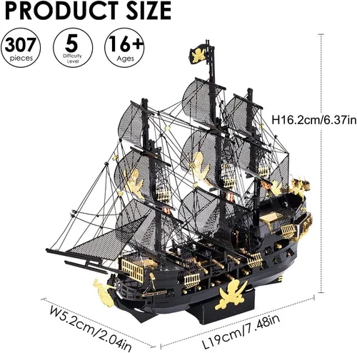 Vista 4 de Piececool - Rompecabezas 3D de metal para adultos, kits de modelo de barco pirata Black Pearl con herramientas de bricolaje, kit de construcción