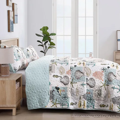 Vista 3 de Juego de Colcha Ocean Colcha Cubrecama Tamaño Queen de 3 Piezas - Microfibra Suave y Ligera de Verano Ropa de Cama Náutica de Playa Costera Manta