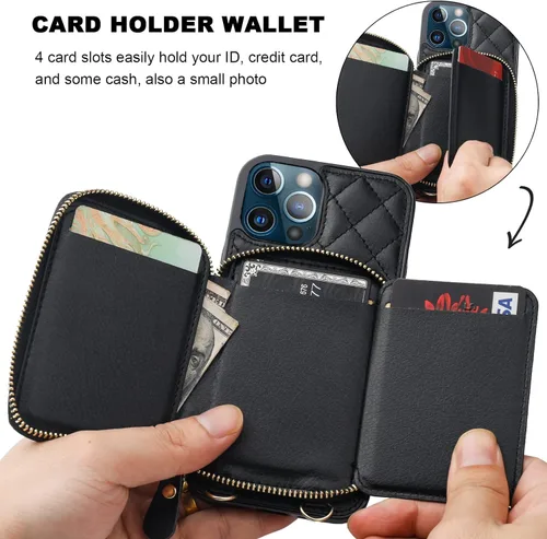 Vista 4 de Bocasal Funda tipo cartera cruzada para iPhone 13 Pro, con bloqueo RFID, de piel sintética, con cremallera, funda tipo cartera con función atril