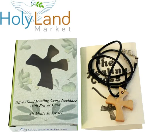 Vista 3 de Holy Land Market Collar con cruz curativa de madera de olivo, con oraciones (1.6 x 1.2 pulgadas)