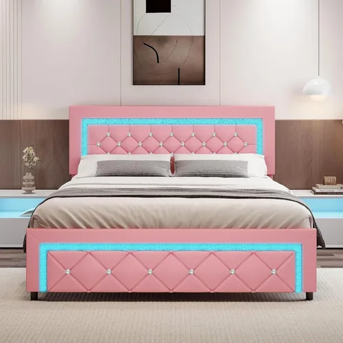 Vista 9 de Marco de cama matrimonial con luces LED, plataforma tapizada con cabecera capitonado tipo diamante, no necesita somier, sin ruido, fácil montaje