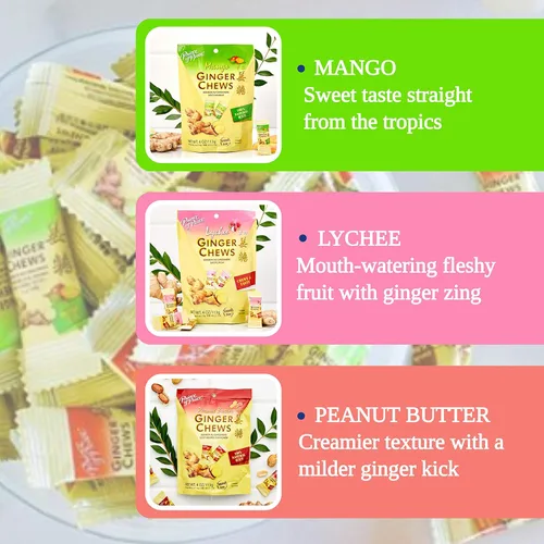 Vista 5 de Prince of Peace Paquete de caramelos masticables de jengibre, sabores originales, limón, naranja, mango, lichi y mantequilla de maní, 100%