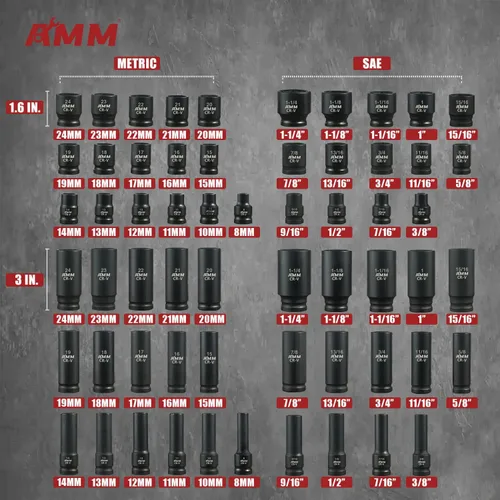 Vista 2 de AMM Juego maestro de llaves de impacto de 1/2 pulgada, 66 piezas, SAE y métrico de 5/16"-1-1/4", 8-24mm, juego de llaves poco profundo/profundo