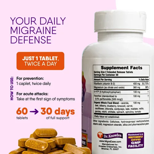 Vista 5 de Dr. Knowles- Fórmula de prevención de migraña, 60 cápsulas, tratamiento para el alivio del dolor de cabeza, tratamiento y prevención de migrañas
