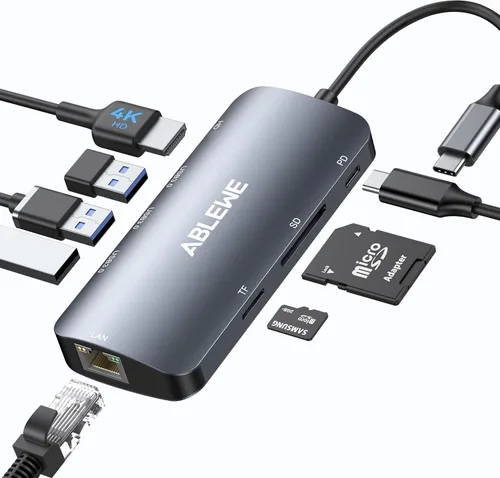 ABLEWE USB C Hub Ethernet, Hub USB C multipuerto a HDMI, Adaptador USBC 8 en 1 de 4K@60Hz, 1000Mbps, PD de 100W, 3 puertos USB 3.0, estación de