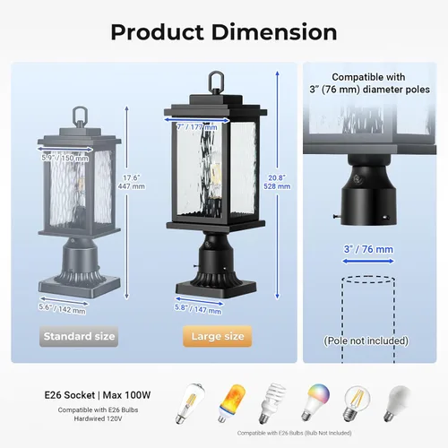 Vista 8 de VIANIS Luces de Poste Exteriores Grandes de Anochecer a Amanecer, Lámpara de Poste Exterior Cableada Permanentemente Negra Impermeable con Base