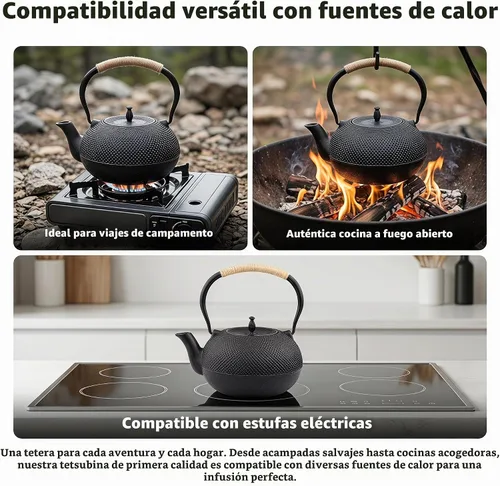 Vista 4 de Tetera grande de hierro fundido, tetera japonesa Tetsubin para estufa, tetera de hierro fundido con infusor de acero inoxidable para té suelto e