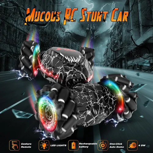 Vista 2 de OSIMILY Auto de acrobacias a control remoto, detección de gestos LED de 2.4 GHz, rotación de doble cara 4WD con luces y música, automóvil de deriva