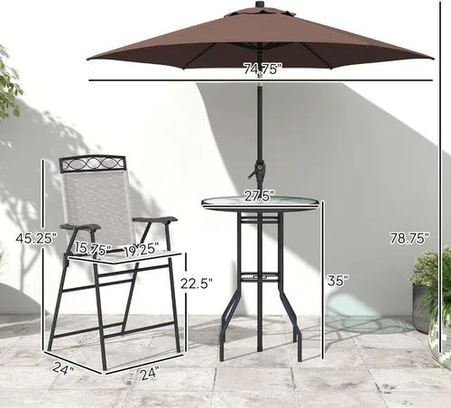 Vista 7 de Outsunny Juego de 4 muebles de comedor para patio al aire libre, 2 sillas plegables, paraguas de ángulo ajustable, mesa de comedor de vidrio Beige