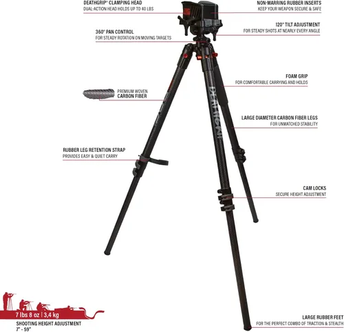 Vista 5 de BOG DeathGrip Aluminum Tripod with Durable Frame, Lightweight, Stable Design, Bubble Level, Adjustable Legs, Shooting Rest, and Hands-Free Operation