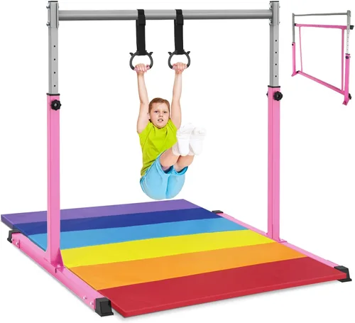 Vista 7 de Safly Fun Gymnastics Bar for Kids Ages 3-15 Sturdy Steel Home Gym, Adjustable Height (3 to 5 ft) with Anti-Slip Base, Easy Assembly