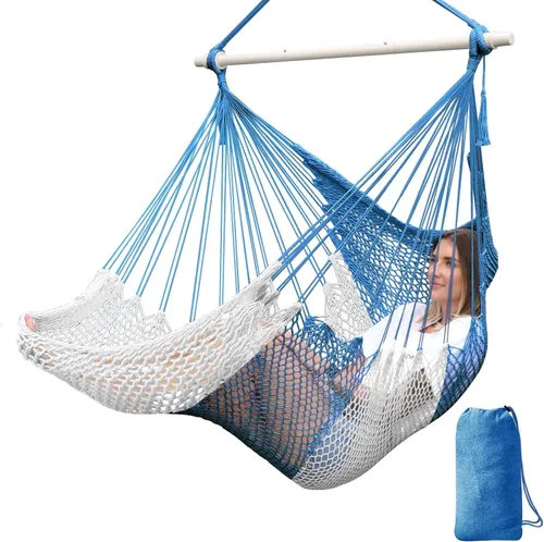 Vista 9 de Chihee - Silla de Hamaca Extra Grande, Sillas Colgantes Suavemente Tejidas con Cuerda de Algodón, Barra de Metal Plegable y Resistente, Asiento