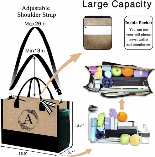 Vista 3 de YOOLIFE Bolsa de viaje con inicial de yute y correa ajustable con cremallera ajustable para el día de la madre, regalos de cumpleaños para mujeres
