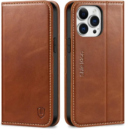 Vista 10 de SHIELDON Funda para iPhone 14 Pro Max 5G de 6.7 pulgadas, funda de cuero genuino tipo cartera con tapa con bloqueo RFID, ranuras para tarjetas, Negro