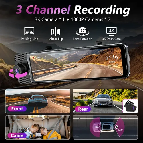 Vista 3 de Cámara de tablero de espejo de 3 canales con frontal 3K, cabina y trasera 1080P, cámara de espejo retrovisor de 11 pulgadas con WiFi/visión