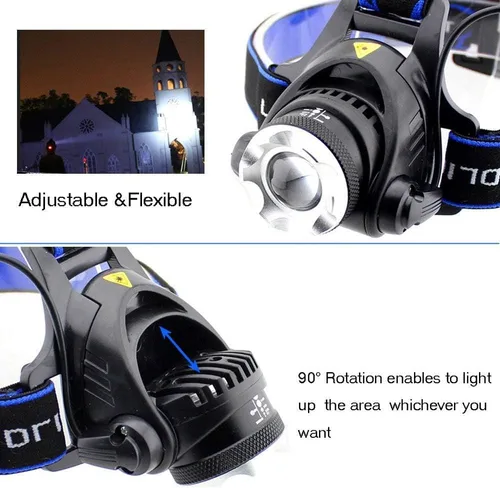 Vista 4 de Linterna frontal LED impermeable ultra brillante de 3000 lúmenes, 3 modos con pilas AAA, paquete de 2