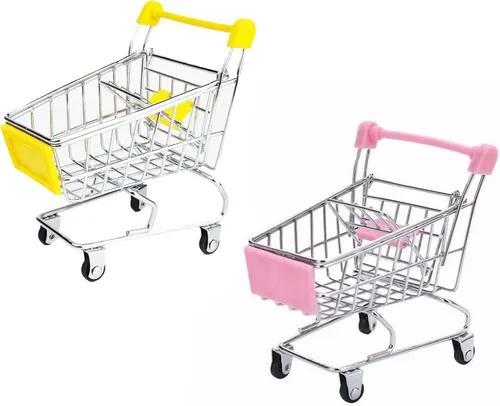 2 PC Mini Carrito de la compra Pequeño Carrito de Supermercado Metal Compras Utilidad Supermercado Carro de Mano, Amarillo y Rosa