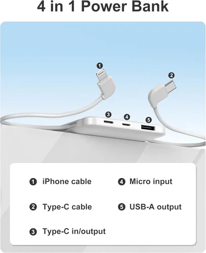 Vista 7 de miisso 10000mah Slim Portable Charger with Built in Cable, Power Bank Travel Phone Charger External Battery Pack for Phones, 4 Output USB C Cords