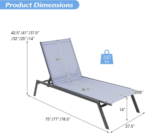 Vista 3 de HAPPYGRILL Tumbona para patio, reclinable al aire libre con respaldo ajustable de 6 niveles, tela transpirable y de secado rápido, tumbona ajustable