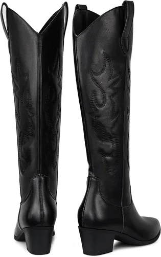 Vista 7 de Botas vaqueras bordadas para mujer, botas vaqueras de moda con punta occidental de tacón grueso, botas vaqueras altas hasta la rodilla