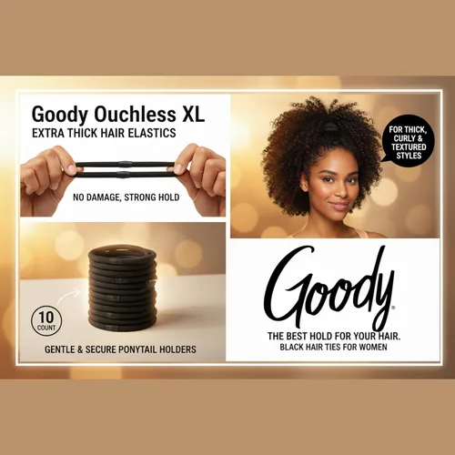Vista 6 de Goody Ouchless XL y ligas elásticas extra gruesas - Ligas para el cabello negras para mujer, sin daños, agarre fuerte para cabello grueso, estilos