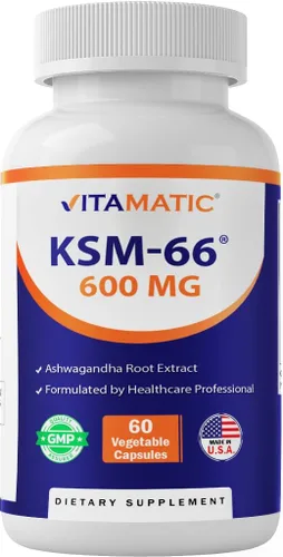 Vitamatic KSM-66 Extracto de raíz de Ashwagandha + bioperina - 600 mg, 60 cápsulas vegetales (1200 mg por 2 cápsulas)