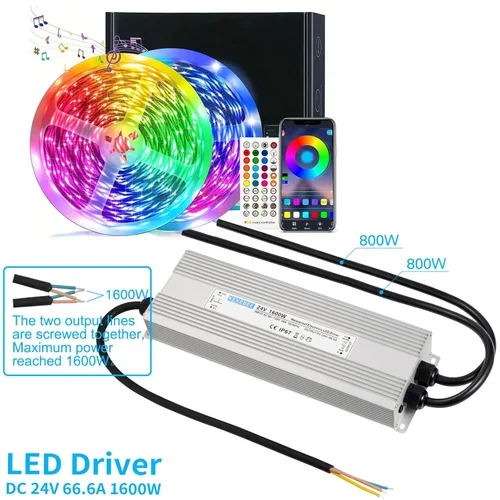 Vista 6 de Controlador LED 24V1600W Fuente de alimentación impermeable AC 90-130V a DC 24V66.6A Fuente de alimentación conmutada impermeable IP67 Transformador