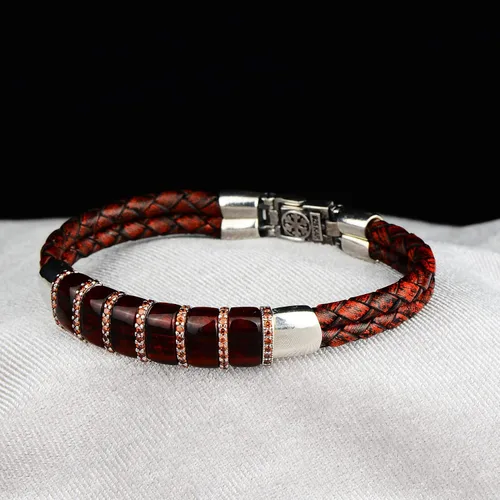 Vista 4 de Men Leather Bracelet, Silver Natural Ruby Stone Bracelet, Unique Anniversary Gift For Men Vintage Bracelet, 925k Sterling Silver Bracelet