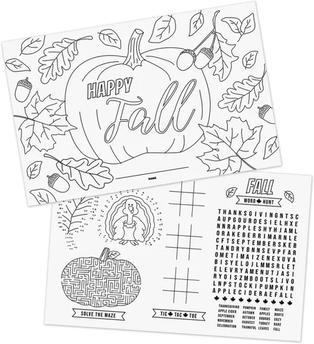 Manteles individuales de actividades para colorear de Acción de Gracias, 12 hojas para colorear de Feliz otoño, 11 x 17 pulgadas, papel de dibujo de