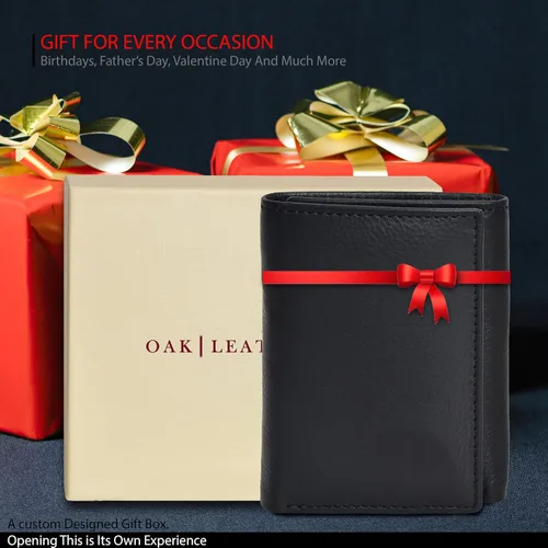 Vista 6 de Billetera triple de cuero real para hombres - Carteras RFID delgadas 9 tarjetas de crédito titular 2 compartimentos de identificación regalo