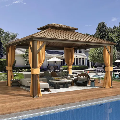 Vista 21 de EROMMY - Kiosco de techo rígido de 12 x 16 pies, kiosco de techo doble de acero galvanizado con marco de aluminio, permanente, de metal