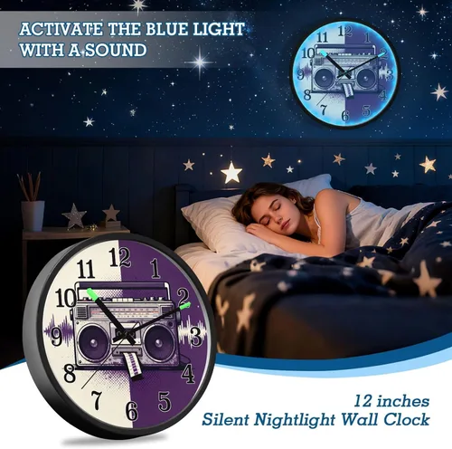Vista 7 de Battery Operated Silent Non-Ticking Clock Luminous Voice-Activated Silent Clocks Retro Tape Drive Rhythm Purple White 12 Inch for Office, Home
