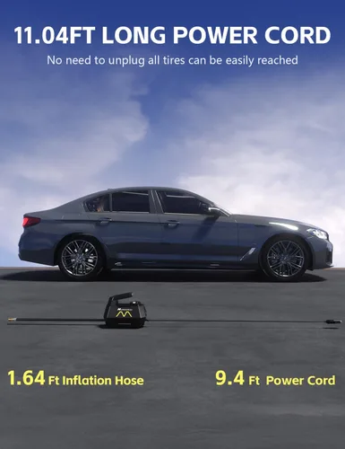 Vista 7 de Inflador de neumáticos, compresor de aire portátil, bomba de aire para neumáticos de automóvil, cable de 9.84 pies, bomba automática de 12 V CC
