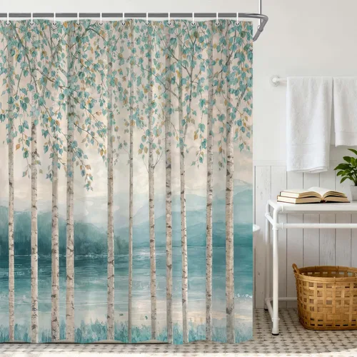 Vista 9 de Wathon Birches of Spring Shower Curtains Forest of Birch Trees Landscape Shower Curtain with Neutral Artistic Hand Drawing, Light Blue Bathroom