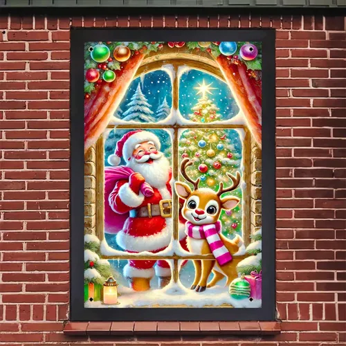 Vista 5 de BlissYard Cubierta de ventana de Navidad de 31 x 47 pulgadas, cortina roja de reno de Papá Noel, adornos de ramas de pino, farol, vela, copo