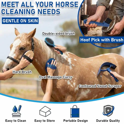 Vista 4 de Cunhill Kit de 9 piezas de aseo de caballos con bolsa de mano, curry de masaje ovalado, cepillo duro y suave, púa de pezuñas, raspador de sudor