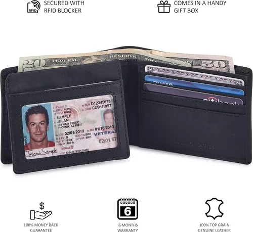 Vista 5 de Cochoa - Cartera de dos cuerpos y de piel auténtica para hombre, con bloqueo RFID, elegante, con seguridad antirrobo y con 2 ventanas para tarjetas